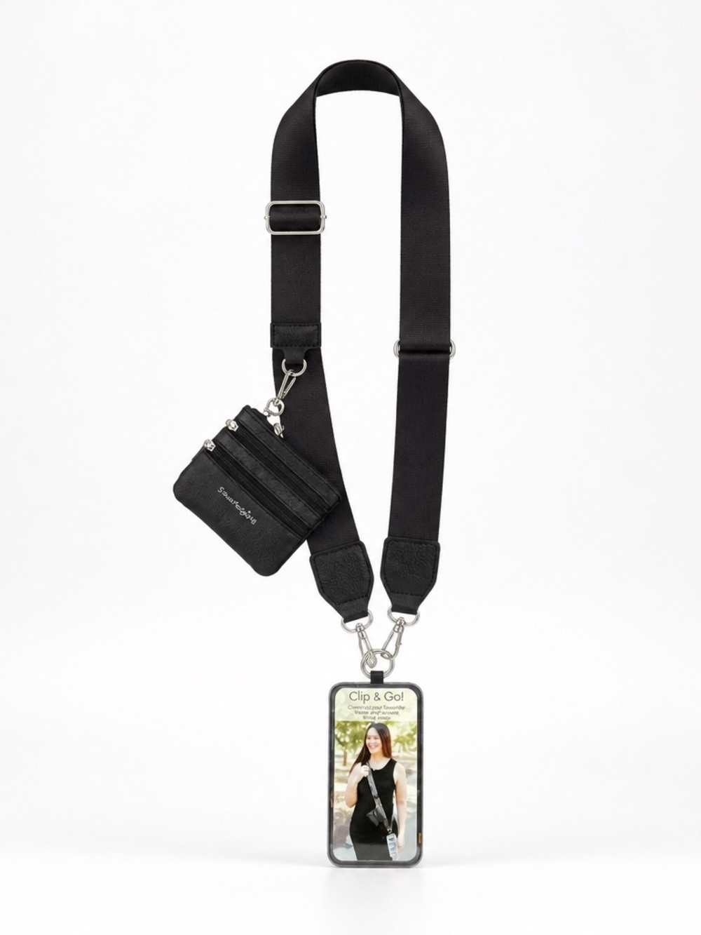 Black Camera/Phone Crossbody Strap with Detachable Card Wallet